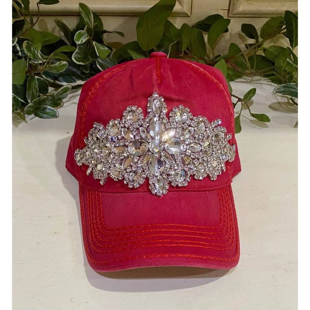NEW OLIVE & PIQUE vintage crystal embellished ponytail baseball cap in red